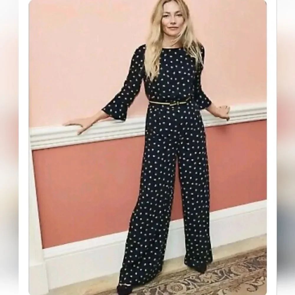 Boden Navy Blue Floral 3/4 Sleeve Wide Leg Jumpsuit Size 8Tall